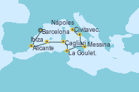 Visitando Barcelona, Alicante (España), Ibiza (España), Cagliari (Cerdeña), La Goulette (Tunez), Messina (Sicilia), Nápoles (Italia), Civitavecchia (Roma)