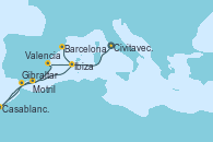 Visitando Civitavecchia (Roma), Valencia, Casablanca (Marruecos), Casablanca (Marruecos), Gibraltar (Inglaterra), Motril (Granada/Andalucía), Ibiza (España), Barcelona