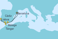 Visitando Barcelona, Málaga, Lisboa (Portugal), Lisboa (Portugal), Cádiz (España), Tánger (Marruecos), Barcelona