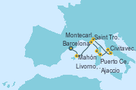 Visitando Barcelona, Mahón (Menorca/España), Saint Tropez (Francia), Ajaccio (Córcega), Puerto Cervo (Cerdeña/Francia), Livorno, Pisa y Florencia (Italia), Civitavecchia (Roma), Montecarlo (Mónaco)