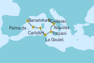 Visitando Civitavecchia (Roma), Nápoles (Italia), Trapani (Italia), La Goulette (Tunez), Carloforte (Cerdeña), Palma de Mallorca (España), Barcelona