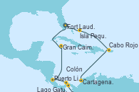 Visitando Fort Lauderdale (Florida/EEUU), Isla Pequeña (San Salvador/Bahamas), Cabo Rojo, Cartagena de Indias (Colombia), Lago Gatun (Panamá), Colón (Panamá), Puerto Limón (Costa Rica), Gran Caimán (Islas Caimán), Fort Lauderdale (Florida/EEUU)