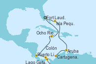 Visitando Fort Lauderdale (Florida/EEUU), Isla Pequeña (San Salvador/Bahamas), Aruba (Antillas), Cartagena de Indias (Colombia), Colón (Panamá), Lago Gatun (Panamá), Puerto Limón (Costa Rica), Ocho Ríos (Jamaica), Fort Lauderdale (Florida/EEUU)