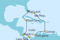 Visitando Fort Lauderdale (Florida/EEUU), Isla Pequeña (San Salvador/Bahamas), Curacao (Antillas), Cartagena de Indias (Colombia), Lago Gatun (Panamá), Colón (Panamá), Puerto Limón (Costa Rica), Gran Caimán (Islas Caimán), Fort Lauderdale (Florida/EEUU)