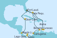 Visitando Fort Lauderdale (Florida/EEUU), Isla Pequeña (San Salvador/Bahamas), Curacao (Antillas), Cartagena de Indias (Colombia), Lago Gatun (Panamá), Colón (Panamá), Puerto Limón (Costa Rica), Gran Caimán (Islas Caimán), Fort Lauderdale (Florida/EEUU), Curacao (Antillas), Bonaire (Países Bajos), Aruba (Antillas), Isla Pequeña (San Salvador/Bahamas), Fort Lauderdale (Florida/EEUU)