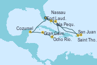 Visitando Fort Lauderdale (Florida/EEUU), Nassau (Bahamas), San Juan (Puerto Rico), Saint Thomas (Islas Vírgenes), Isla Pequeña (San Salvador/Bahamas), Fort Lauderdale (Florida/EEUU), Isla Pequeña (San Salvador/Bahamas), Ocho Ríos (Jamaica), Gran Caimán (Islas Caimán), Cozumel (México), Fort Lauderdale (Florida/EEUU)