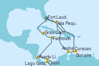 Visitando Fort Lauderdale (Florida/EEUU), Isla Pequeña (San Salvador/Bahamas), Curacao (Antillas), Colón (Panamá), Lago Gatun (Panamá), Puerto Limón (Costa Rica), Falmouth (Jamaica), Gran Caimán (Islas Caimán), Fort Lauderdale (Florida/EEUU), Curacao (Antillas), Bonaire (Países Bajos), Aruba (Antillas), Isla Pequeña (San Salvador/Bahamas), Fort Lauderdale (Florida/EEUU)