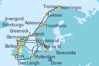 Visitando Dover (Inglaterra), Rotterdam (Holanda), Newcastle (Reino Unido), Invergordon (Escocia), Lerwick (Escocia), Stornoway (Isla de Lewis/Escocia), Belfast (Irlanda), Greenock (Escocia), Isla de Mann (Reino Unido), Cork (Irlanda), Dun Laoghaire (Dublin/Irlanda), Dover (Inglaterra), Rotterdam (Holanda), Aalesund (Noruega), Trondheim (Noruega), Honningsvag (Noruega), Tromso (Noruega), Leknes (Noruega), Haugesund (Noruega), Lerwick (Escocia), Edimburgo (Escocia), Dover (Inglaterra)