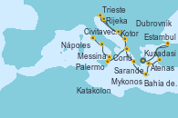 Visitando Atenas (Grecia), Estambul (Turquía), Estambul (Turquía), Kusadasi (Efeso/Turquía), Mykonos (Grecia), Bahía de Souda (Grecia), Katakolon (Olimpia/Grecia), Sarande (Albania), Dubrovnik (Croacia), Trieste (Italia), Rijeka (Croacia), Kotor (Montenegro), Dubrovnik (Croacia), Corfú (Grecia), Messina (Sicilia), Palermo (Italia), Nápoles (Italia), Civitavecchia (Roma)