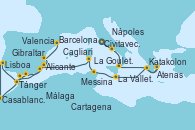 Visitando Civitavecchia (Roma), Nápoles (Italia), Messina (Sicilia), Atenas (Grecia), Katakolon (Olimpia/Grecia), La Valletta (Malta), La Goulette (Tunez), Cagliari (Cerdeña), Cartagena (Murcia), Tánger (Marruecos), Lisboa (Portugal), Lisboa (Portugal), Casablanca (Marruecos), Gibraltar (Inglaterra), Málaga, Alicante (España), Valencia, Barcelona