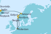 Visitando Rotterdam (Holanda), Eidfjord (Hardangerfjord/Noruega), Aalesund (Noruega), Nordfjordeid, Bergen (Noruega), Rotterdam (Holanda), Aalesund (Noruega), Akureyri (Islandia), Ísafjörður (Islandia), Grundafjord (Islandia), Reykjavik (Islandia)