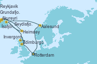 Visitando Rotterdam (Holanda), Aalesund (Noruega), Akureyri (Islandia), Ísafjörður (Islandia), Grundafjord (Islandia), Reykjavik (Islandia), Heimaey (Islas Westmann/Islandia), Seydisfjordur (Islandia), Invergordon (Escocia), Edimburgo (Escocia), Rotterdam (Holanda)