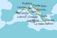 Visitando Barcelona, Cannes (Francia), Portofino (Italia), Livorno, Pisa y Florencia (Italia), Civitavecchia (Roma), La Valletta (Malta), La Goulette (Tunez), Gythion (Grecia), Atenas (Grecia), Corfú (Grecia), Kotor (Montenegro), Split (Croacia), Trieste (Italia), Trieste (Italia), Korcula, Croatia, Bari (Italia), Atenas (Grecia)