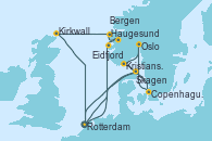 Visitando Rotterdam (Holanda), Copenhague (Dinamarca), Oslo (Noruega), Kristiansand (Noruega), Skagen (Dinamarca), Rotterdam (Holanda), Haugesund (Noruega), Eidfjord (Hardangerfjord/Noruega), Bergen (Noruega), Kirkwall (Escocia), Rotterdam (Holanda)