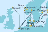 Visitando Rotterdam (Holanda), Haugesund (Noruega), Eidfjord (Hardangerfjord/Noruega), Bergen (Noruega), Kirkwall (Escocia), Rotterdam (Holanda), Oslo (Noruega), Aarhus (Dinamarca), Warnemunde (Alemania), Tallin (Estonia), Helsinki (Finlandia), Estocolmo (Suecia), Estocolmo (Suecia), Kiel (Alemania), Copenhague (Dinamarca), Rotterdam (Holanda)