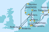 Visitando Rotterdam (Holanda), Oslo (Noruega), Aarhus (Dinamarca), Warnemunde (Alemania), Tallin (Estonia), Helsinki (Finlandia), Estocolmo (Suecia), Estocolmo (Suecia), Kiel (Alemania), Copenhague (Dinamarca), Rotterdam (Holanda), Oslo (Noruega), Kristiansand (Noruega), SANDNESS (STAVANGER), Skjolden (Noruega), Ámsterdam (Holanda)