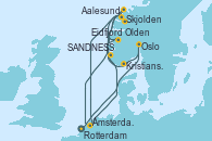 Visitando Rotterdam (Holanda), Oslo (Noruega), Kristiansand (Noruega), SANDNESS (STAVANGER), Skjolden (Noruega), Ámsterdam (Holanda), Eidfjord (Hardangerfjord/Noruega), Aalesund (Noruega), Olden (Noruega), SANDNESS (STAVANGER), Rotterdam (Holanda)