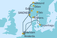 Visitando Ámsterdam (Holanda), Eidfjord (Hardangerfjord/Noruega), Aalesund (Noruega), Olden (Noruega), SANDNESS (STAVANGER), Rotterdam (Holanda), Copenhague (Dinamarca), Oslo (Noruega), Kristiansand (Noruega), SANDNESS (STAVANGER), Rotterdam (Holanda)