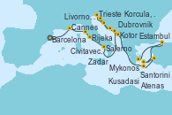 Visitando Barcelona, Cannes (Francia), Livorno, Pisa y Florencia (Italia), Civitavecchia (Roma), Salerno (Italia), Kotor (Montenegro), Dubrovnik (Croacia), Korcula, Croatia, Zadar (Croacia), Trieste (Italia), Trieste (Italia), Rijeka (Croacia), Korcula, Croatia, Santorini (Grecia), Kusadasi (Efeso/Turquía), Mykonos (Grecia), Estambul (Turquía), Estambul (Turquía), Atenas (Grecia), Atenas (Grecia)