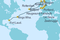 Visitando Rotterdam (Holanda), Haugesund (Noruega), Eidfjord (Hardangerfjord/Noruega), Bergen (Noruega), Kirkwall (Escocia), Rotterdam (Holanda), Zeebrugge (Bruselas), Le Havre (Francia), Portland, Dorset (Reino Unido), Falmouth (Gran Bretaña), Kings Wharf (Bermudas), Fort Lauderdale (Florida/EEUU)