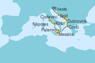 Visitando Trieste (Italia), Split (Croacia), Dubrovnik (Croacia), Kotor (Montenegro), Corfú (Grecia), Messina (Sicilia), Palermo (Italia), Nápoles (Italia), Civitavecchia (Roma)