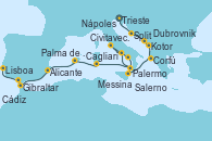 Visitando Trieste (Italia), Split (Croacia), Dubrovnik (Croacia), Kotor (Montenegro), Corfú (Grecia), Messina (Sicilia), Palermo (Italia), Nápoles (Italia), Civitavecchia (Roma), Salerno (Italia), Palermo (Italia), Cagliari (Cerdeña), Palma de Mallorca (España), Alicante (España), Gibraltar (Inglaterra), Cádiz (España), Lisboa (Portugal)