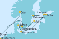 Visitando Rotterdam (Holanda), Copenhague (Dinamarca), Aarhus (Dinamarca), Warnemunde (Alemania), Tallin (Estonia), Helsinki (Finlandia), Estocolmo (Suecia), Visby (Suecia), Oslo (Noruega), Dover (Inglaterra), Rotterdam (Holanda)