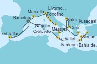 Visitando Barcelona, La Valletta (Malta), Bahía de Souda (Grecia), Santorini (Grecia), Kusadasi (Efeso/Turquía), Atenas (Grecia), Kotor (Montenegro), Corfú (Grecia), Messina (Sicilia), Nápoles (Italia), Nápoles (Italia), Civitavecchia (Roma), Livorno, Pisa y Florencia (Italia), Portofino (Italia), Marsella (Francia), Gibraltar (Inglaterra), Barcelona