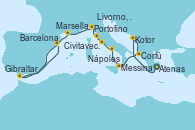 Visitando Atenas (Grecia), Kotor (Montenegro), Corfú (Grecia), Messina (Sicilia), Nápoles (Italia), Nápoles (Italia), Civitavecchia (Roma), Livorno, Pisa y Florencia (Italia), Portofino (Italia), Marsella (Francia), Gibraltar (Inglaterra), Barcelona