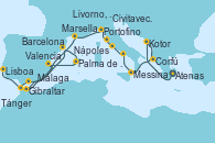 Visitando Atenas (Grecia), Kotor (Montenegro), Corfú (Grecia), Messina (Sicilia), Nápoles (Italia), Nápoles (Italia), Civitavecchia (Roma), Livorno, Pisa y Florencia (Italia), Portofino (Italia), Marsella (Francia), Gibraltar (Inglaterra), Barcelona, Palma de Mallorca (España), Valencia, Málaga, Tánger (Marruecos), Lisboa (Portugal)