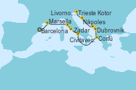 Visitando Barcelona, Marsella (Francia), Livorno, Pisa y Florencia (Italia), Civitavecchia (Roma), Nápoles (Italia), Corfú (Grecia), Dubrovnik (Croacia), Kotor (Montenegro), Zadar (Croacia), Trieste (Italia), Trieste (Italia)