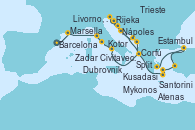 Visitando Barcelona, Marsella (Francia), Livorno, Pisa y Florencia (Italia), Civitavecchia (Roma), Nápoles (Italia), Corfú (Grecia), Dubrovnik (Croacia), Kotor (Montenegro), Zadar (Croacia), Trieste (Italia), Trieste (Italia), Rijeka (Croacia), Split (Croacia), Santorini (Grecia), Mykonos (Grecia), Kusadasi (Efeso/Turquía), Estambul (Turquía), Estambul (Turquía), Atenas (Grecia)