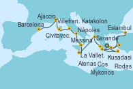 Visitando Atenas (Grecia), Mykonos (Grecia), Estambul (Turquía), Estambul (Turquía), Kusadasi (Efeso/Turquía), Cos (Grecia), Rodas (Grecia), Atenas (Grecia), Katakolon (Olimpia/Grecia), Sarande (Albania), La Valletta (Malta), Messina (Sicilia), Nápoles (Italia), Civitavecchia (Roma), Ajaccio (Córcega), Villefranche (Niza/Mónaco/Francia), Barcelona