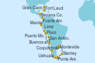 Visitando Buenos aires, Buenos aires, Montevideo (Uruguay), Stanley (Malvinas), Ushuaia (Argentina), Punta Arenas (Chile), Puerto Montt (Chile), San Antonio (Chile), Coquimbo (Chile), Pisco (Perú), Lima (Callao/Perú), Lima (Callao/Perú), Lima (Callao/Perú), Banana Coast (Trujillo/Honduras), Manta (Ecuador), Fuerte Amador (Panamá), Fuerte Amador (Panamá), Gran Caimán (Islas Caimán), Fort Lauderdale (Florida/EEUU)