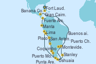 Visitando Fort Lauderdale (Florida/EEUU), Gran Caimán (Islas Caimán), Fuerte Amador (Panamá), Fuerte Amador (Panamá), Manta (Ecuador), Banana Coast (Trujillo/Honduras), Lima (Callao/Perú), Lima (Callao/Perú), Lima (Callao/Perú), Pisco (Perú), Coquimbo (Chile), San Antonio (Chile), Puerto Montt (Chile), Puerto Chacabuco (Chile), Punta Arenas (Chile), Ushuaia (Argentina), Stanley (Malvinas), Montevideo (Uruguay), Buenos aires, Buenos aires