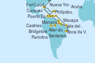 Visitando Nueva York (Estados Unidos), Fort Lauderdale (Florida/EEUU), Philipsburg (St. Maarten), Castries (Santa Lucía/Caribe), Bridgetown (Barbados), Isla del Diablo (Guyana Francesa/Francia), Macapa (Brasil), Santarem (Brasil), Boca da Valeria (Amazonas), Manaos (Brasil), Manaos (Brasil), Parintins (Brasil), Alter do Chao (Brasil), Puerto España (Trinidad y Tobago), Curacao (Antillas), Aruba (Antillas), Fort Lauderdale (Florida/EEUU)