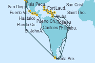 Visitando San Diego (California/EEUU), Puerto Vallarta (México), Huatulco (México), Puerto Chiapas (México), Puerto Quetzal (Guatemala), Punta Arenas (Chile), Aruba (Antillas), Isla Pequeña (San Salvador/Bahamas), Fort Lauderdale (Florida/EEUU), Philipsburg (St. Maarten), St. John´s (Antigua y Barbuda), Castries (Santa Lucía/Caribe), Roseau (Dominica), San Cristóbal y Nieves, Saint Thomas (Islas Vírgenes), Isla Pequeña (San Salvador/Bahamas), Fort Lauderdale (Florida/EEUU)