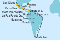 Visitando Miami (Florida/EEUU), Cartagena de Indias (Colombia), Punta Arenas (Chile), Acajutla (El Salvador), Puerto Quetzal (Guatemala), Huatulco (México), Puerto Vallarta (México), Cabo San Lucas (México), San Diego (California/EEUU), Cabo San Lucas (México), La Paz (México), Loreto (México), Guaymas (México), Topolobampo (México), Mazatlan (México), Puerto Vallarta (México), Ensenada (México), San Diego (California/EEUU)