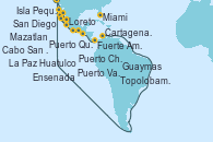 Visitando San Diego (California/EEUU), Cabo San Lucas (México), La Paz (México), Loreto (México), Guaymas (México), Topolobampo (México), Mazatlan (México), Puerto Vallarta (México), Ensenada (México), San Diego (California/EEUU), Puerto Vallarta (México), Huatulco (México), Puerto Chiapas (México), Puerto Quetzal (Guatemala), Fuerte Amador (Panamá), Fuerte Amador (Panamá), Cartagena de Indias (Colombia), Isla Pequeña (San Salvador/Bahamas), Miami (Florida/EEUU)