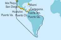 Visitando San Diego (California/EEUU), Puerto Vallarta (México), Huatulco (México), Puerto Chiapas (México), Puerto Quetzal (Guatemala), Fuerte Amador (Panamá), Fuerte Amador (Panamá), Cartagena de Indias (Colombia), Isla Pequeña (San Salvador/Bahamas), Miami (Florida/EEUU)