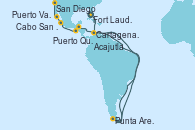 Visitando Fort Lauderdale (Florida/EEUU), Cartagena de Indias (Colombia), Punta Arenas (Chile), Acajutla (El Salvador), Puerto Quetzal (Guatemala), Puerto Vallarta (México), Cabo San Lucas (México), San Diego (California/EEUU)