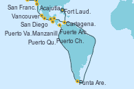 Visitando Fort Lauderdale (Florida/EEUU), Cartagena de Indias (Colombia), Fuerte Amador (Panamá), Fuerte Amador (Panamá), Punta Arenas (Chile), Acajutla (El Salvador), Puerto Quetzal (Guatemala), Puerto Chiapas (México), Manzanillo (México), Puerto Vallarta (México), San Diego (California/EEUU), San Francisco (California/EEUU), Vancouver (Canadá)