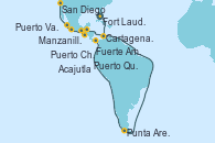 Visitando Fort Lauderdale (Florida/EEUU), Cartagena de Indias (Colombia), Fuerte Amador (Panamá), Fuerte Amador (Panamá), Punta Arenas (Chile), Acajutla (El Salvador), Puerto Quetzal (Guatemala), Puerto Chiapas (México), Manzanillo (México), Puerto Vallarta (México), San Diego (California/EEUU)