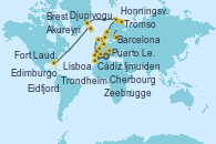 Visitando Barcelona, Barcelona, Cádiz (España), Lisboa (Portugal), Lisboa (Portugal), Puerto Leixões (Portugal), Brest (Francia), Cherbourg (Francia), Zeebrugge (Bruselas), Ijmuiden (Ámsterdam), Edimburgo (Escocia), Eidfjord (Hardangerfjord/Noruega), Trondheim (Noruega), Tromso (Noruega), Honningsvag (Noruega), Djupivogur (Islandia), Akureyri (Islandia), Ísafjörður (Islandia), Reykjavik (Islandia), Reykjavik (Islandia), Nanortalik (Groenlandia), Qaqortoq, Greeland, Paamiut (Groenlandia), St. Anthony (Canadá), St. John´s (Antigua y Barbuda), San Pedro y Miquelón (Francia), Halifax (Canadá), Portland (Maine/Estados Unidos), Boston (Massachusetts), Fort Lauderdale (Florida/EEUU)