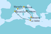 Visitando Civitavecchia (Roma), Messina (Sicilia), La Valletta (Malta), Barcelona, Marsella (Francia), Génova (Italia)