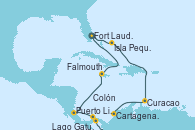 Visitando Fort Lauderdale (Florida/EEUU), Isla Pequeña (San Salvador/Bahamas), Curacao (Antillas), Cartagena de Indias (Colombia), Colón (Panamá), Lago Gatun (Panamá), Puerto Limón (Costa Rica), Falmouth (Jamaica), Fort Lauderdale (Florida/EEUU)