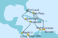 Visitando Fort Lauderdale (Florida/EEUU), Isla Pequeña (San Salvador/Bahamas), Curacao (Antillas), Colón (Panamá), Lago Gatun (Panamá), Puerto Limón (Costa Rica), Falmouth (Jamaica), Gran Caimán (Islas Caimán), Fort Lauderdale (Florida/EEUU), Curacao (Antillas), Bonaire (Países Bajos), Aruba (Antillas), Isla Pequeña (San Salvador/Bahamas), Fort Lauderdale (Florida/EEUU)