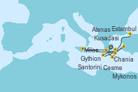 Visitando Atenas (Grecia), Gythion (Grecia), Chania (Creta/Grecia), Santorini (Grecia), Milos (Grecia), Mykonos (Grecia), Kusadasi (Efeso/Turquía), Cesme (Turquía), Estambul (Turquía)