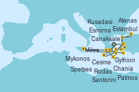 Visitando Atenas (Grecia), Gythion (Grecia), Chania (Creta/Grecia), Santorini (Grecia), Milos (Grecia), Mykonos (Grecia), Kusadasi (Efeso/Turquía), Cesme (Turquía), Estambul (Turquía), Canakkale (Turquía), Esmirna (Turquía), Patmos (Grecia), Rodas (Grecia), Spetses (Grecia), Atenas (Grecia)