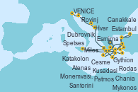 Visitando Atenas (Grecia), Gythion (Grecia), Chania (Creta/Grecia), Santorini (Grecia), Milos (Grecia), Mykonos (Grecia), Kusadasi (Efeso/Turquía), Cesme (Turquía), Estambul (Turquía), Canakkale (Turquía), Esmirna (Turquía), Patmos (Grecia), Rodas (Grecia), Spetses (Grecia), Atenas (Grecia), Monemvasia (Grecia), Katakolon (Olimpia/Grecia), Dubrovnik (Croacia), Hvar (Croacia), Rovinj (Croacia), VENICE (FUSINA) - ITALY